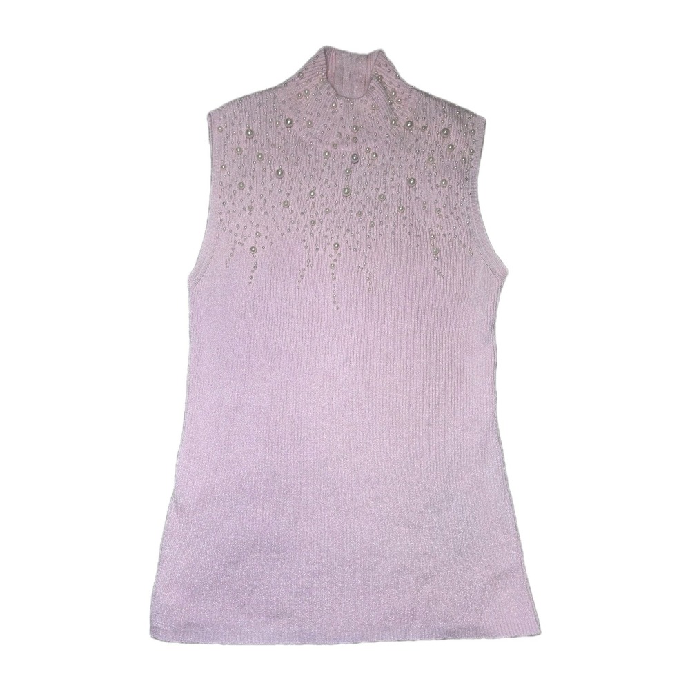 Once Again Pink Pearl‎ Embellished Metallic Mock Neck Sleeveless Knit Top M Y2K